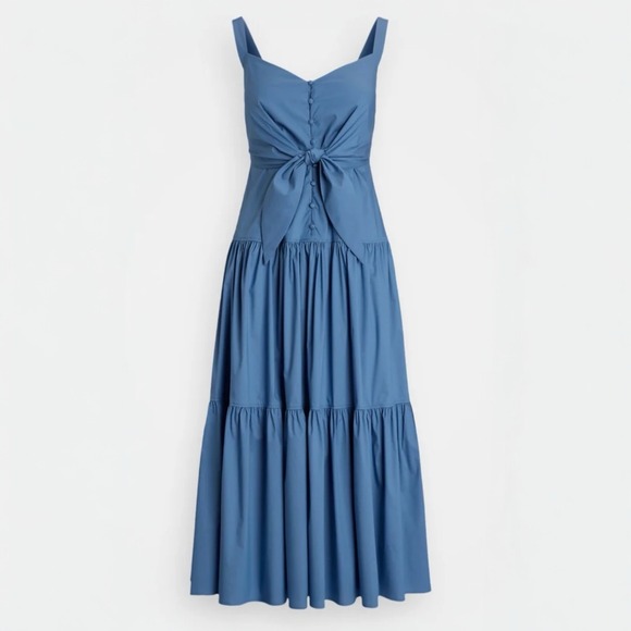 Ralph Lauren Cotton Tiered Midi Dress Size 12 Blue Tie Front A-Line‎